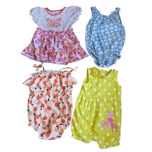 Bundle 4PC Set Baby Girl 18M Romper Bubble Dress Floral Giraffe Oranges Summer